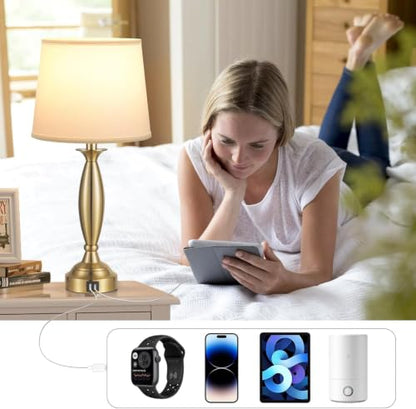 Bedroom Lamps for Nightstand, 3 Way Dimmable Gold Bedside Lamps with USB - color: K. White Shade & Gold Base, size: Medium（22.5 In）