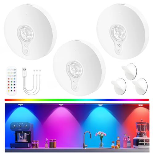 Rechargeable Puck Lights with Remote, 3 Pack Magnetic Under Cabinet Lighting, 1500mAh Battery Operated LED Tap Lights with Dimmer & Timmer for Kitchen, Closet, Shelf - 3 Color Temps & 12 RGB, White - color: White