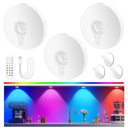 Rechargeable Puck Lights with Remote, 3 Pack Magnetic Under Cabinet Lighting, 1500mAh Battery Operated LED Tap Lights with Dimmer & Timmer for Kitchen, Closet, Shelf - 3 Color Temps & 12 RGB, White - color: White