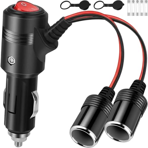 1 to 2 Car Cigarette Lighter Splitter Y Double Socket Adapter DC 12V 24V 240W Power Charger Port Extension Plug Cord Supports Fast Charging with Switch, 15A Fuse, Waterproof Cover