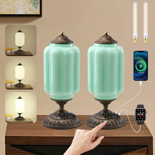 Green Milk Glass Touch Table Lamps Set of 2 - USB C+A Charging Ports - color: Green-2Pack