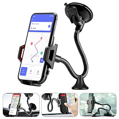 360° Car Windshield Mount Cradle Holder Stand for iPhone Mobile Cell Phone GPS Flexible Gooseneck Long Arm, Strong Suction Stabilizer