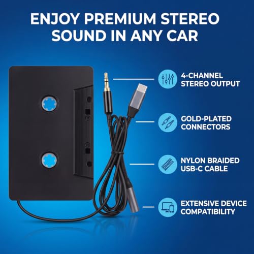 Yoidesu Car Cassette to AUX Adapter, Universal 4 Channel Output Cassette Tape Converter with 3.5mm Type C Auxiliary Cable, for Smartphones MP3 Players Car Stereos