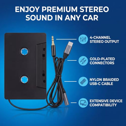 Yoidesu Car Cassette to AUX Adapter, Universal 4 Channel Output Cassette Tape Converter with 3.5mm Type C Auxiliary Cable, for Smartphones MP3 Players Car Stereos