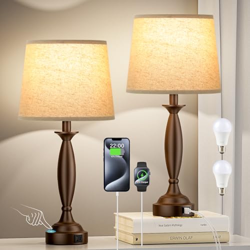 Bedroom Lamps for Nightstand, 3 Way Dimmable Brown Bedside Lamps with USB - color: I. Beige Shade & Brown Base, size: Medium（22.5 In）