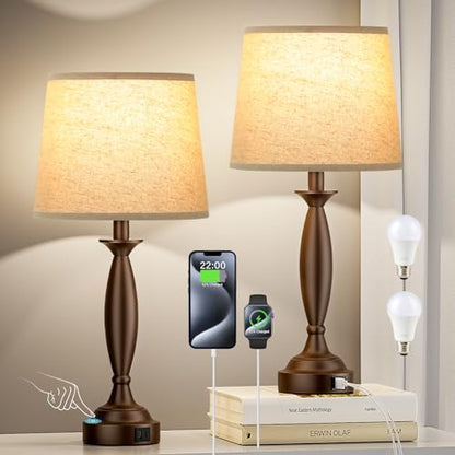 Bedroom Lamps for Nightstand, 3 Way Dimmable Brown Bedside Lamps with USB - color: I. Beige Shade & Brown Base, size: Medium（22.5 In）