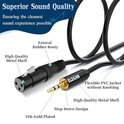 Elecan 3.5mm (1/8 Inch) TRS Aux Male to XLR Female Cable 10 Ft, Balanced Professional Shielded Stereo Microphone Cable Cord,Gold Plated for DSLR Camera Mixer Headphones with 3.5 to 6.35mm Adapter+Ties - size: 10FT, style: 3.5mm to XLR Female