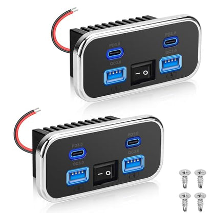 Linkstyle 2PCS RV USB Outlet, 76W Dual 18W USB-A & Dual 20W PD3.0 Ports, Power Outlet Panel with Switch for 12V/24V Car Truck Marine - color: 2PCS