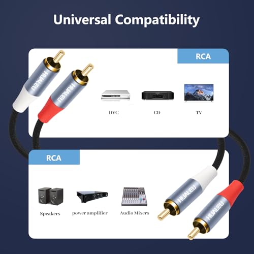 1Pack Gold-Plated 2RCA Male to 2RCA Male Aluminum Shell Auxiliary Audio Cord,2 RCA M/M Stereo Audio Cable for Amplifier,TV,Mixer,Audio player-16FT - size: 16FT*1