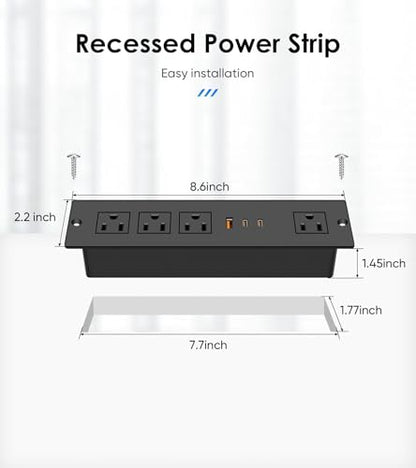 45W USB C Recessed Power Strip, Ultra Thin Flat Plug Recessed Outlet, 4 AC Outlets & 3 USB Port, Flush Mount for Conference Rooms, Office Tables, Furniture-10FT Cord - size: 10FT, style: 45W-2C1A-Black