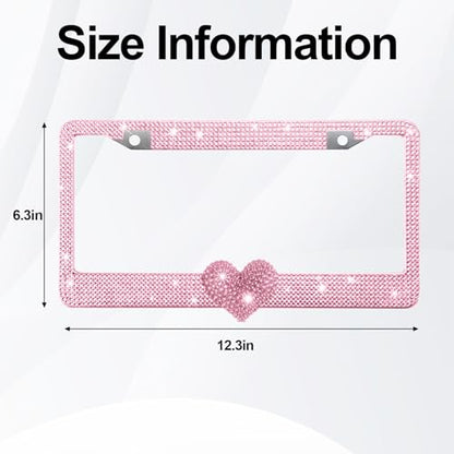 1 Pack Pink Bling License Plate Frame with Pink Rhinestone Heart - color: Pink Frame+Pink Heart