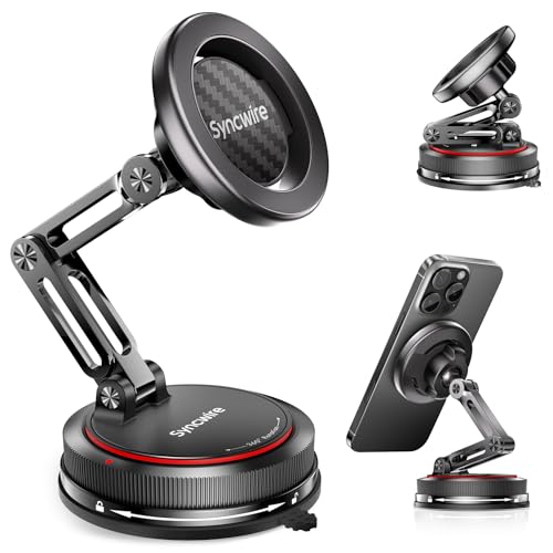 SYNCWIRE for MagSafe Car Mount [3-Axis] Nano Adhesive Gel + Strong Suction Cup Magnetic Phone Holder for Dashboard & Windshield, 360° Adjustable for iPhone 17 16 15 14 13 12, Samsung, Carbon Fiber - color: Carbon Fiber