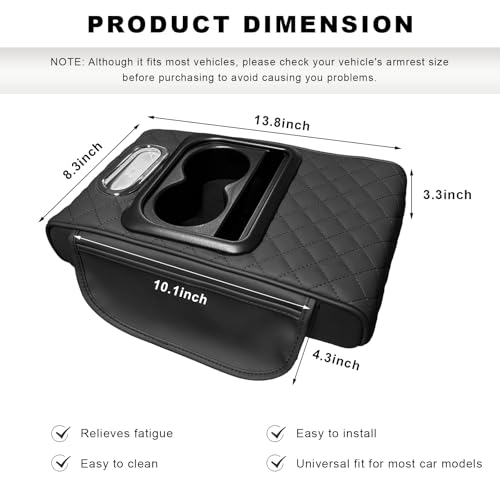 Car Center Console Armrest Pillow, 5-in-1 Armrest Cover with 2 Storage Bags Tissue Box Cup & Phone Holder, Comfy Arm Rest Cushion Leather Vehicle Middle Console Organizer (Black, Embroidered) - color: Black, Embroidered