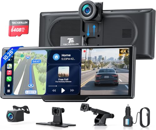 TECXERLLON 10.26" Portable Apple CarPlay Screen for Car, Wireless Car Play & Android Auto, 4K Dash Cam and 1080P Backup Camera, OTA, GPS Navigation, Voice Control, Mirror Link