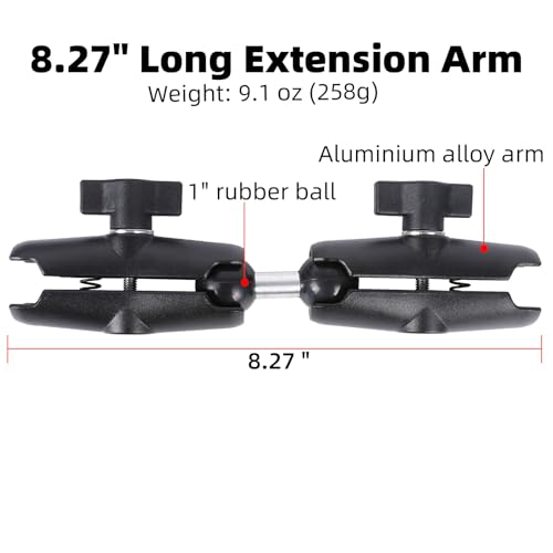 Dual Extension Double Socket Arm with 1" Double Ball Adapter Compatible with RAM B Size Mount and Other 1 inch Industry Standard Device, 360° Rotation Rod for Bike, Truck, Car (8.27" Length) - size: 8.27 " length