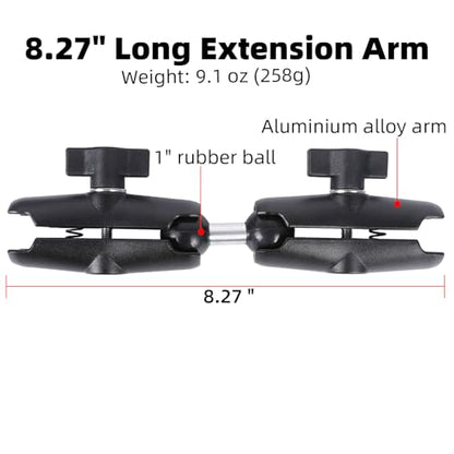 Dual Extension Double Socket Arm with 1" Double Ball Adapter Compatible with RAM B Size Mount and Other 1 inch Industry Standard Device, 360° Rotation Rod for Bike, Truck, Car (8.27" Length) - size: 8.27 " length
