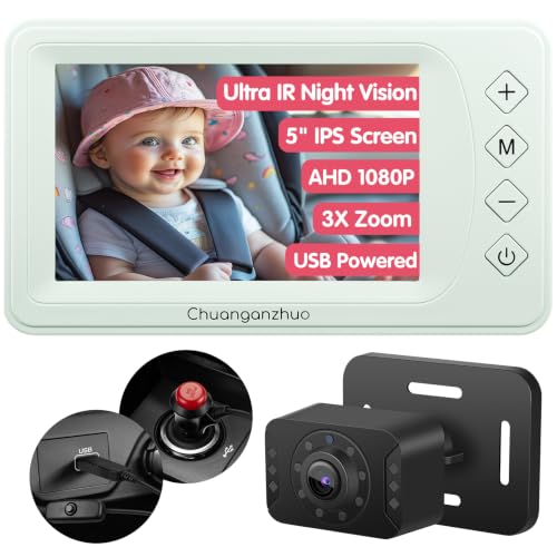 S100P Baby Car Camera with Ultra Night Vision, 5'' HD 1080P IPS Baby Car Monitor with 3X Zoom, Backseat/Carseat/Rear Seat Camera USB, Easy No-Damage Install, Safety for Infants and Pets (5 inch Green) - color: Green