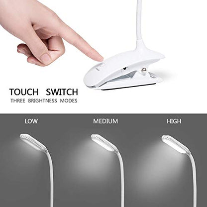 Led Clip Reading Book Light Daylight 16 LEDs USB Rechargeable Reading Lamp-3 Brightness,Touch Switch Bedside Book Light with Good Eye Protection Brightness (White)