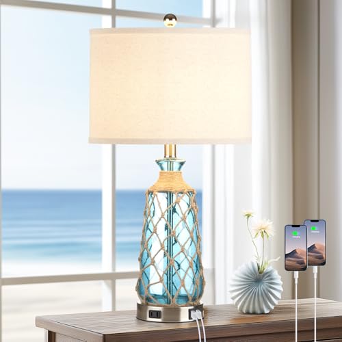 Ruzectt Coastal Glass Table Lamps, 3-Way Dimmable Touch Control Bedside Lamps with 2 USB Ports and AC Outlet, Teal Nautical Nightstand Lamps for Bedroom Living Room (LED Bulbs Included) - color: Teal 1P