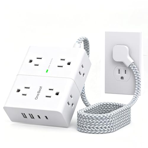 One Beat Flat Plug Surge Protector Power Strip, 6 Ft Flat Extension Cord - color: White & Grey, size: 6 Ft