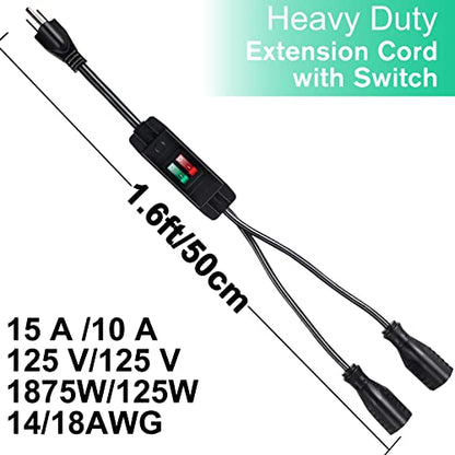 2 Way Extension Cord with On/Off Switch, 3 Prong Outdoor Extension Cord Splitter, Heavy Duty SJTW 14AWG 15A/125V and 18AWG 10A/125V Power Cord (1.6 Ft, Black) - size: 1.6 Ft