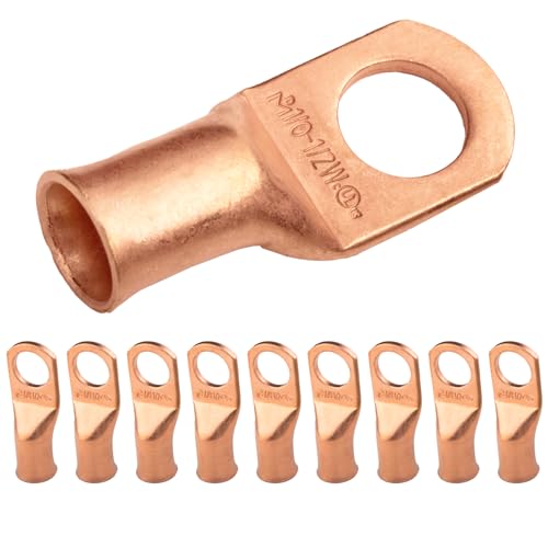 SELTERM 10pcs 1/0 AWG 1/2" Stud Wide Pad Heavy Duty Bare Copper Wire Lugs - color: Bare Copper Lugs, size: 1/0 Awg - 1/2" (M12) Ring (Wide Pad)