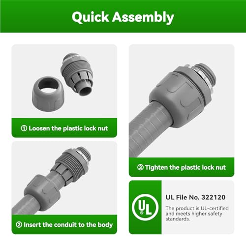 100 Foot Liquid-Tight Conduit Kit - 1/2inch Flexible Non Metallic Liquid Tight Electrical Conduit and 6 Straight and 5 Angle Fittings Included. 1/2" Dia - size: 100FT