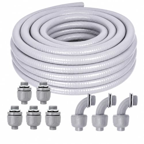 Liquid-Tight Conduit and Connector Kit - 3/4 Inch 25 FT Non Metallic Liquid Tight Electrical Conduit with 5 Straight and 5 Angle Fittings - size: 3/4inch 25 Ft