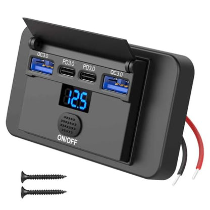 84W 4 Port 12V USB Outlet Surface Mount with Voltmeter, 36W PD and Dual 18W QC3.0 Car USB Port Lightweight Charger Socket Replacement Panel with Button Switch for Bus RV Truck Marine Golf Cart - color: 1 pack