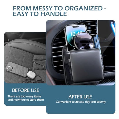 Car Air Vent Storage Bag Organizer Pocket, Multi-functional Air Conditioner Vent Organizer for ID Cards Glasses Phones Pens Keys, Keeps Your Car Neat & Tidy for Stress-free Journey (Black)