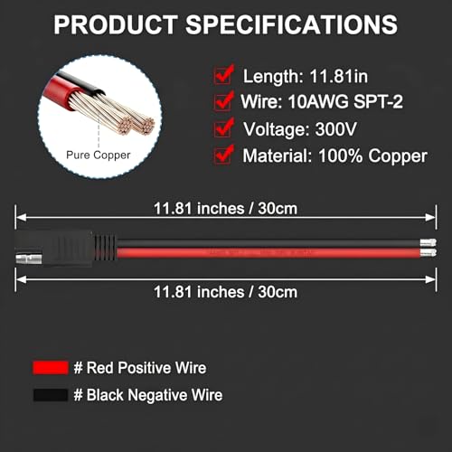 2 PCS Car SAE Extension Connector Cable, 10AWG SAE Quick Connector Disconnect Plug, Flexible SAE Power Wire Harness Adapter Cable, Universal for Most Cars, SUVs (Red) - color: 10AWG