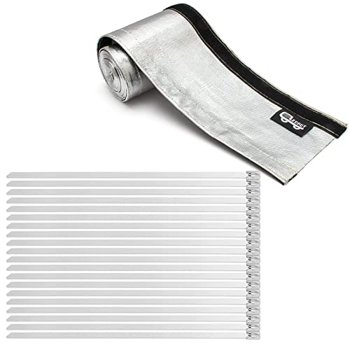 Heat Shroud Aluminized Sleeving Heat Shield fuel line wire heat sleeve 1-1/2''I.D. x 10FT with 20 Pcs 7.8Inch Stainless Steel Cable Metal Zip Ties - size: 1-1/2''I.D. x 10FT