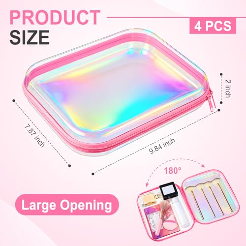 Hoolerry 4 Pcs Hard Clear Zipper Case,Clear,9.8 X 7.9 X 2 In,Pink Laser - color: Pink Laser, size: 9.8 x 7.9 x 2 in