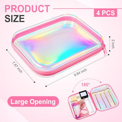 Hoolerry 4 Pcs Hard Clear Zipper Case,Clear,9.8 X 7.9 X 2 In,Pink Laser - color: Pink Laser, size: 9.8 x 7.9 x 2 in