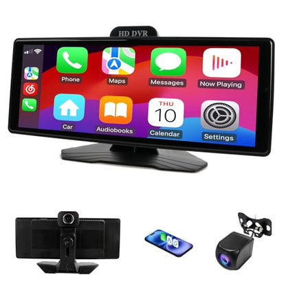 Haudio 10.26" Portable Wireless Apple CarPlay Screen for Car, Wireless Android Auto Touch Screen with 1080P Dash Cam & Backup Camera, GPS Navigation, Bluetooth 5.0, Voice Control, FM, Plug and Play - size: 10.26 inch