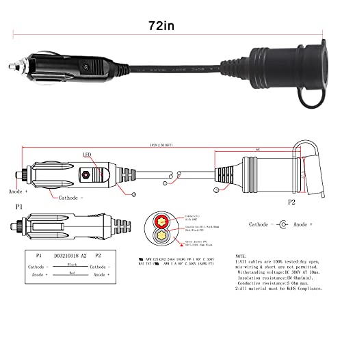 12V Cigarette Lighter Extension Cord 6FT -Car Charger Cigar Lighter Male Plug to Female Socket 18AWG Heavy Duty Extension Cable with LED Lights Extender for Air Compressor Pump and Tire Inflator 15A - size: 6FT