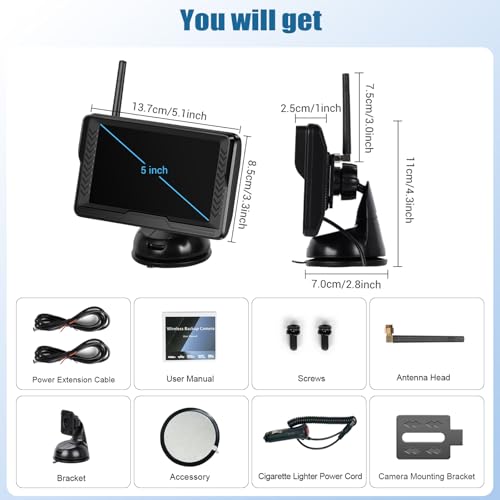 Wireless Backup Camera for Cars with 5 Inch Monitor Digital Signal Stable Reverse Camera Night Vision for Truck/Car/Pickup/SUV/ IP69 Waterproof - color: 5 Inch