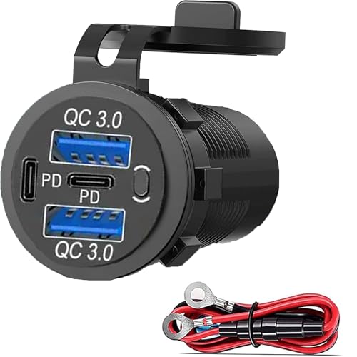 12V USB Charger with 4 Ports, Quick Charge 3.0 Ports 12V USB Outlet with Switch for Marine, Boat, Motorcycle, RV, Golf Cart (Pack of one)