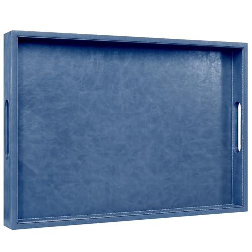 20 x 14 inches Leather Rectangle Serving Tray with Hole Handles,High-End Light Large Service Tray for Ottoman Tray, Tea, Food, Butler - Countertop, Kitchen,Family Dinner, Picnic (Blue) - color: Blue, size: 20" x 14" x 2"