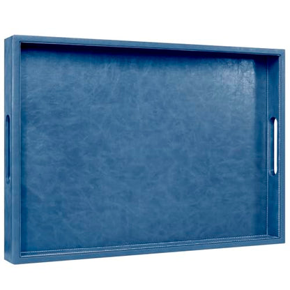 20 x 14 inches Leather Rectangle Serving Tray with Hole Handles,High-End Light Large Service Tray for Ottoman Tray, Tea, Food, Butler - Countertop, Kitchen,Family Dinner, Picnic (Blue) - color: Blue, size: 20" x 14" x 2"