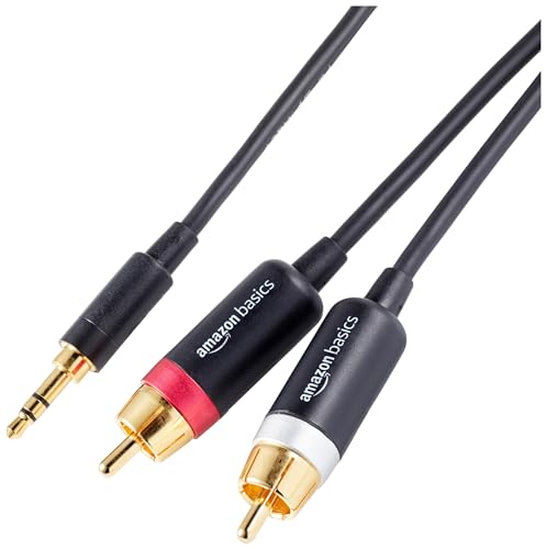 Amazon Basics 3.5mm Aux to 2 RCA Audio Cable Adapter for Amplifiers, Active Speakers, Gold-Plated Connectors, Clear Sound Quality, Shielded Construction, 8 Feet/2.4 m, Black - size: 8 Feet