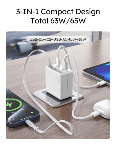 Nekmit USB C Charger Block, 65W 3-Port Wall Charger with Built-in Retractable USB C Cable, PPS Fast Wall Plug for iPhone 17/16/15 Series, iPad, and More
