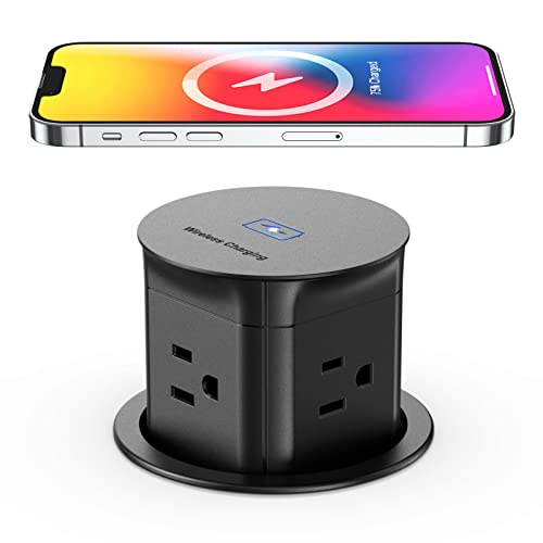 Jgstkcity Pop Up Outlet with 15W Wireless Charger,4 Outlets 15A, Splash Resistant,3 inch Desk Hole Power Grommet,Space Saver Outlet for Kitchen Countertop,Office Conference Table,ETL Listed (Black) - color: Black, size: 4 Outlets & 0 USB