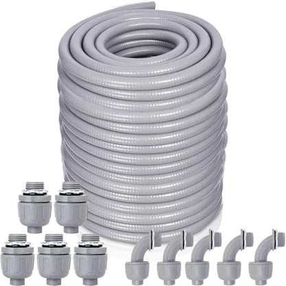 Liquid-Tight Conduit and Connector Kit - 1/2 Inch 150 FT Non Metallic Liquid Tight Electrical Conduit with 5 Straight and 5 Angle Fittings - size: 1/2inch 150 Ft
