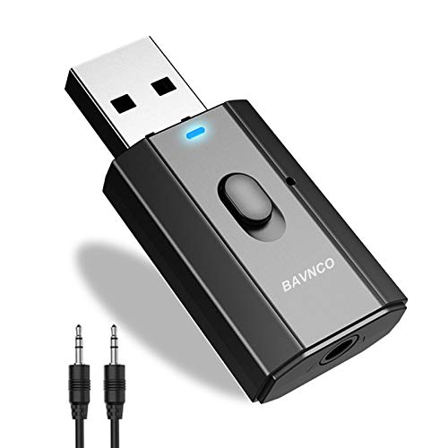 Bluetooth Car Adapter, Mini Bluetooth 5.0 Stereo Transmitter Receiver, Wireless 3.5mm Aux Jack Hands-Free Calls Kit Audio Adapter Built-in Mic for Car Speaker, Home Stereo, Headphones, PC,TV More
