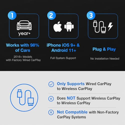 Wireless CarPlay Adapter for iPhone – 2027 4-in-1 Dongle with AirPlay & Screen Mirroring, Low Latency, 5-Second Auto Connect for Wired Cars, Includes USB A/C（Silvery）