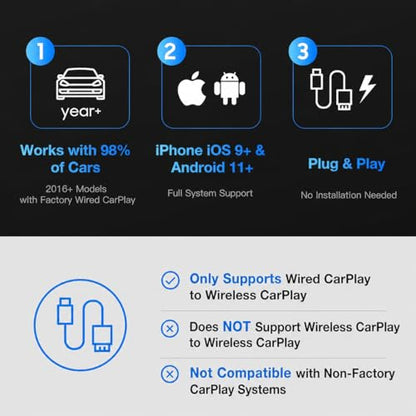 Wireless CarPlay Adapter for iPhone – 2027 4-in-1 Dongle with AirPlay & Screen Mirroring, Low Latency, 5-Second Auto Connect for Wired Cars, Includes USB A/C（Silvery）
