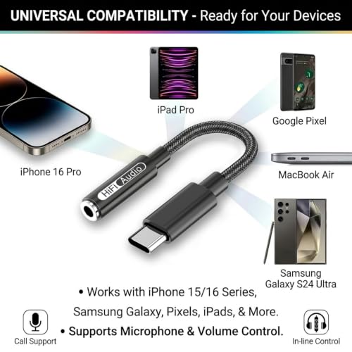 USB C to 3.5mm Hi-Res Audio Adapter, Built-in DAC, Type C to Aux Headphone Jack, Studio Quality Sound, Supports Calls, Compatible with iPhone 15 16 17, Samsung Galaxy S25 S24 S23, MacBook, iPad, Pixel