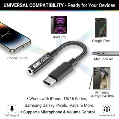 USB C to 3.5mm Hi-Res Audio Adapter, Built-in DAC, Type C to Aux Headphone Jack, Studio Quality Sound, Supports Calls, Compatible with iPhone 15 16 17, Samsung Galaxy S25 S24 S23, MacBook, iPad, Pixel