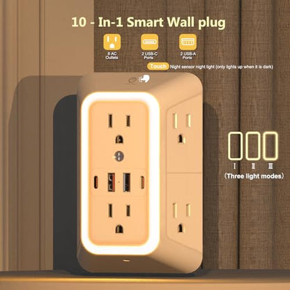 Outlet Extender with Night Light, Multi Plug Outlet Surge Protector,6 Outlet Splitter with 4 USB Outlet (2 USB A,2 USB C) 3 Sided Multi Plug Wall Adapter Power Strip for Home Travel Office 2 Pack - color: White-2Pcs